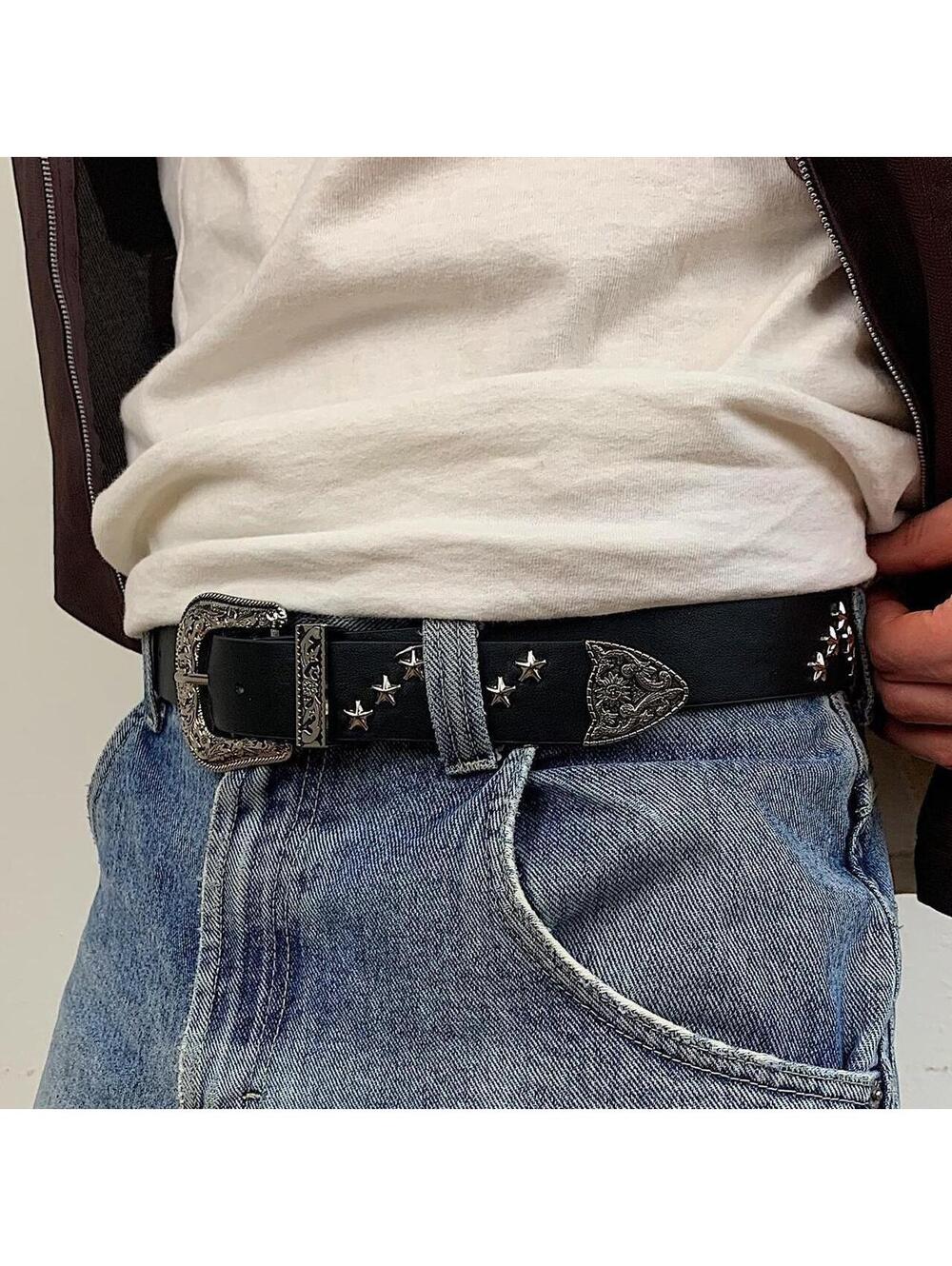 Western star studded black belt. 38.5 inches length. 1.5 inch width. Fits a - Picture 7 of 7